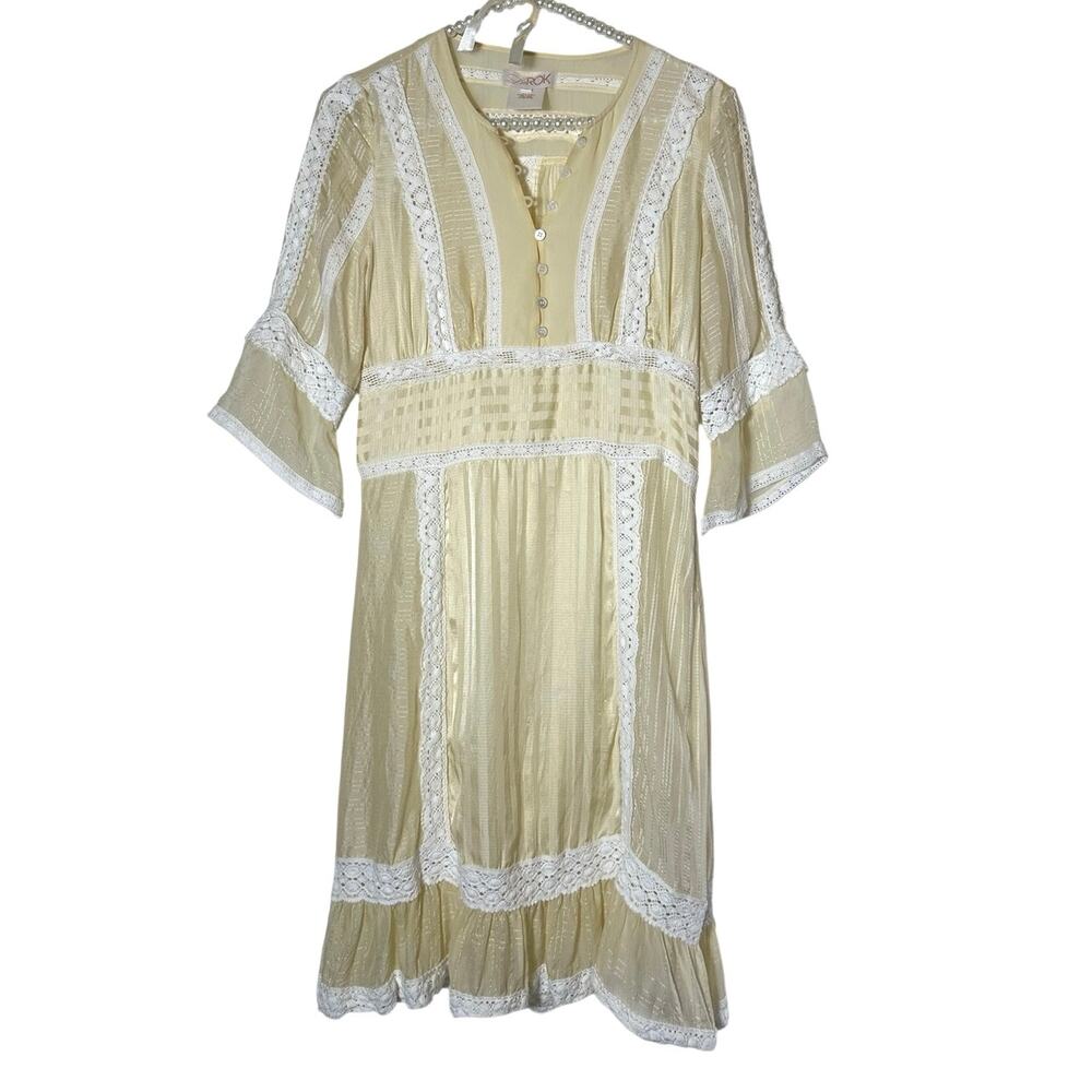 LaRok Pale Yellow Silk Crochet Lace Trim Dress